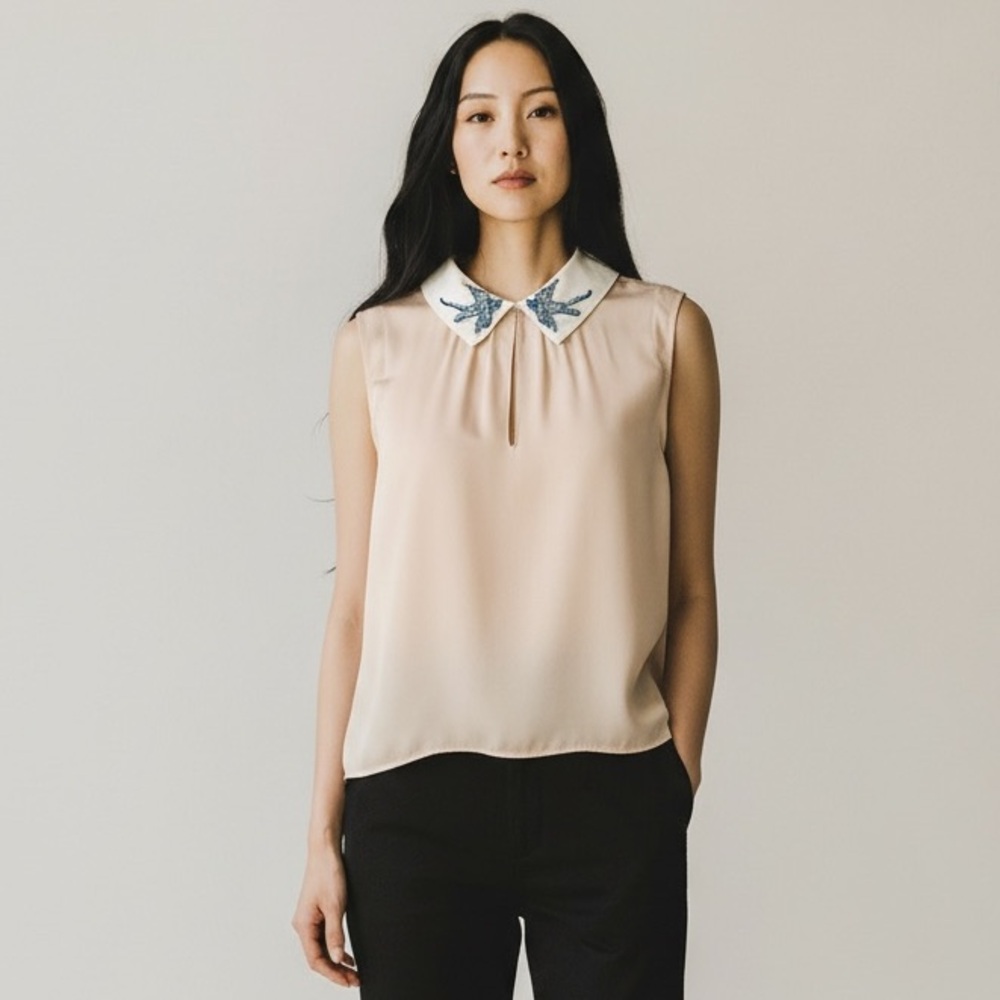 Rebecca Taylor Embroidered Swallows Collar Silk Sleeveless Blouse‎ Ballet Pink 4